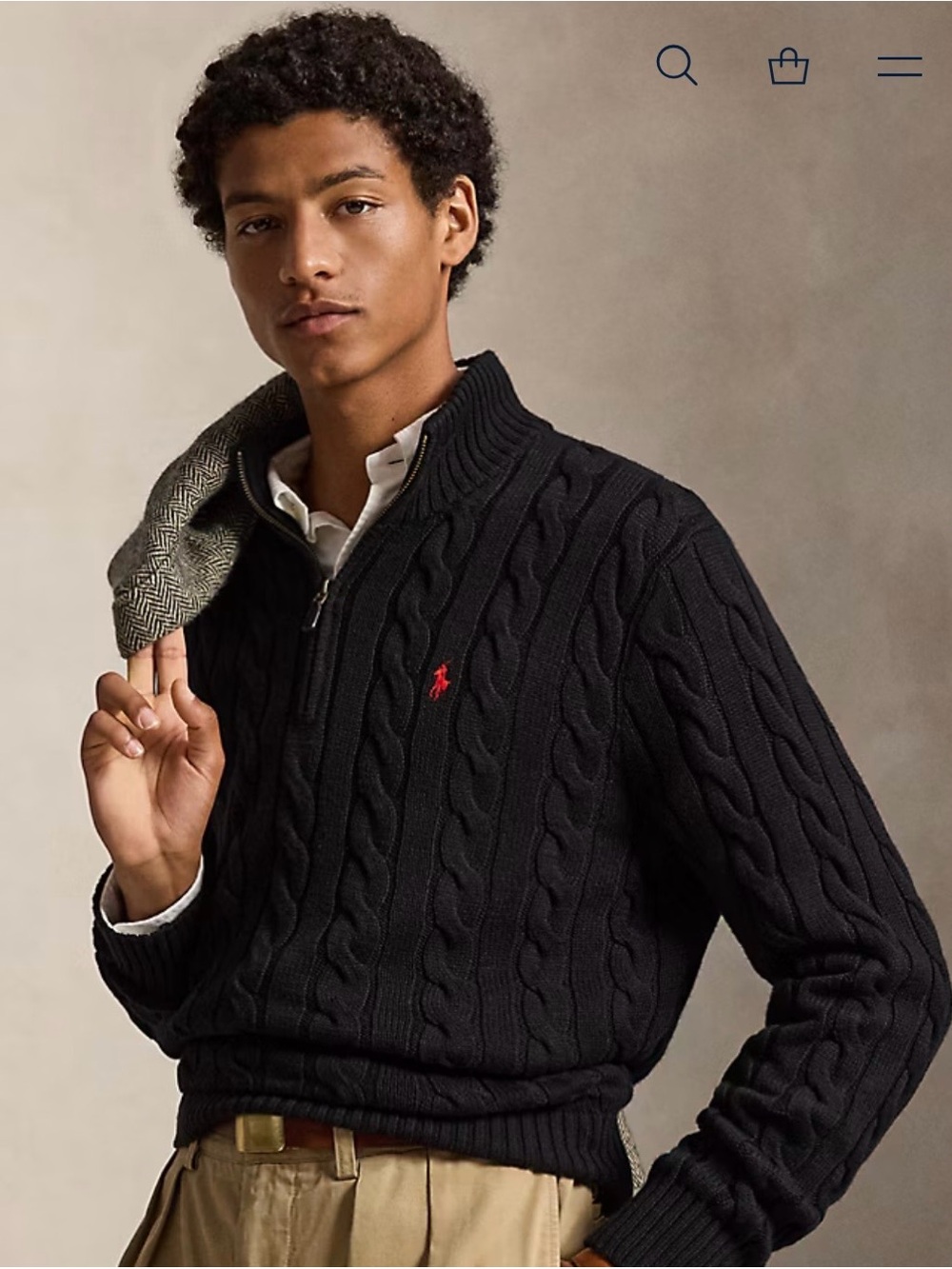 Polo by Ralph Lauren Men’s Black Cable-Knit/Half Zip Sweater/Red Polo Logo/NWT!